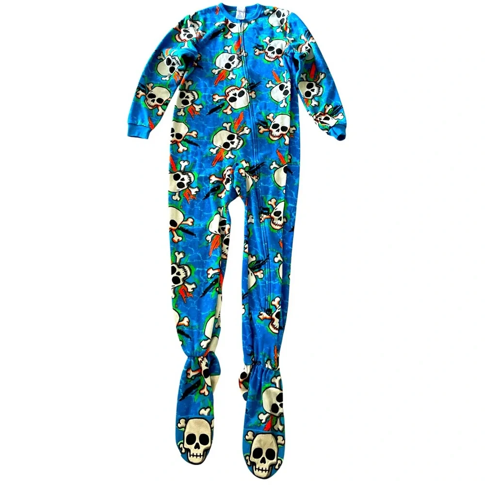 Circo Blue & Orange Skull Print Kids footie one piece pajamas